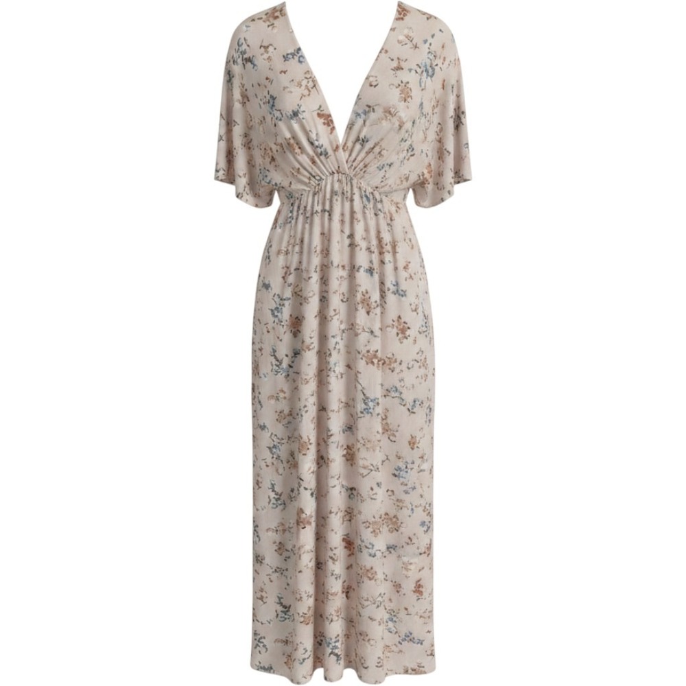 VICI Floral Maxi Dress Cream Tan Blue V-Neck Smocked Waist XL FD4550
